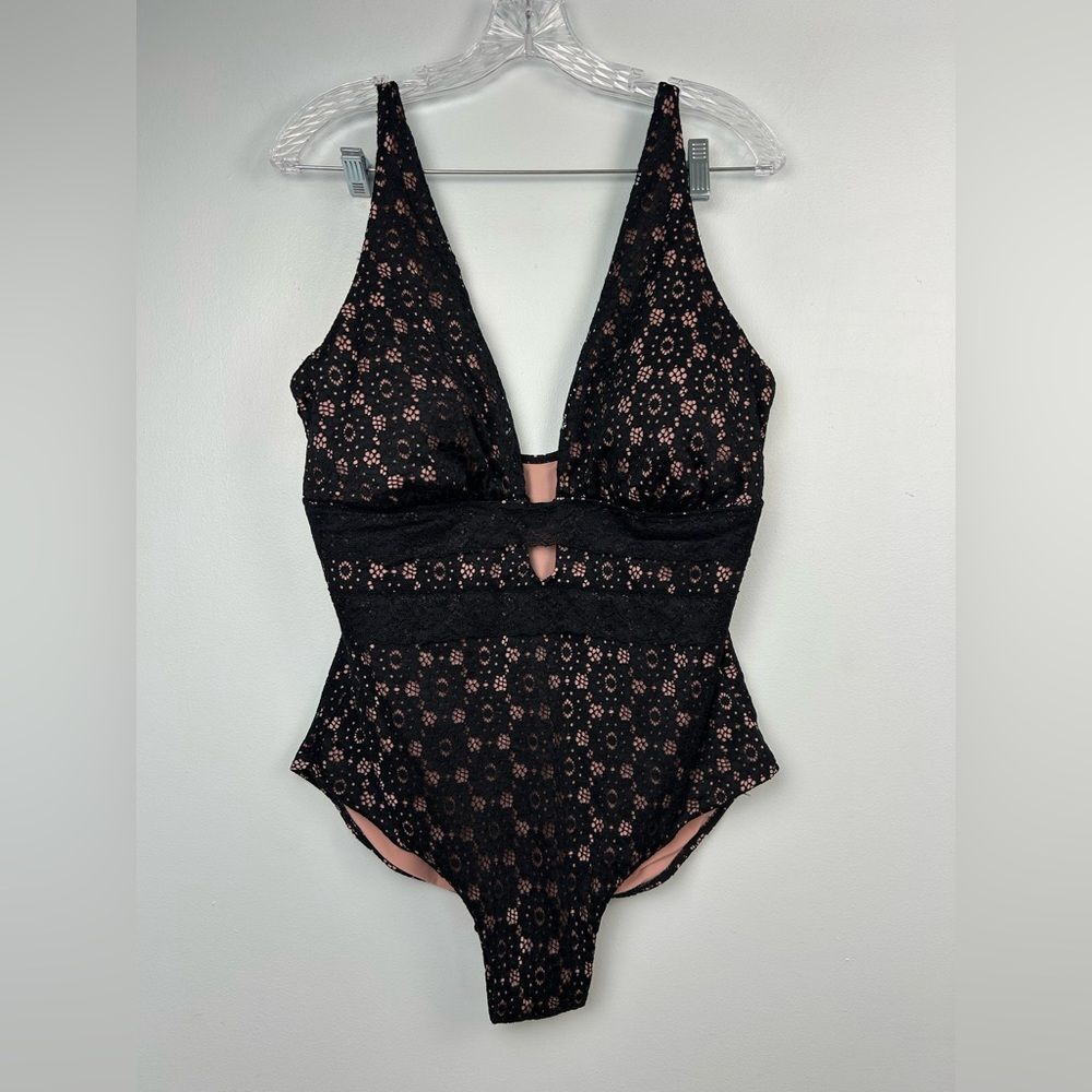 Swimsuits For All Black Lace Plunge One Piece Swimsuit Deep V-Neck Sz 18